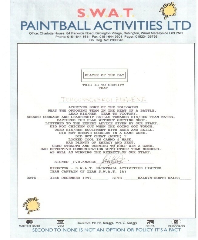 Диплом S.W.A.T. Paintball Activities, игрок дня